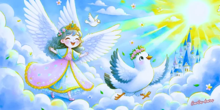 Dibujo de una paloma blanca junto a la princesa Ana Sofía volando entre nubes mágicas en el Reino de las Nubes Flotantes.