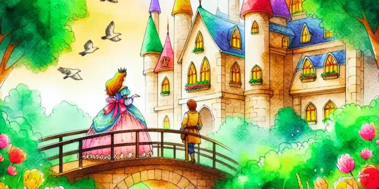 Dibujo de cuento de hadas con una princesa y un plebeyo en un puente frente a un castillo de colores. Una princesa y un plebeyo contemplan juntos un majestuoso castillo de colores en un cuento de hadas.