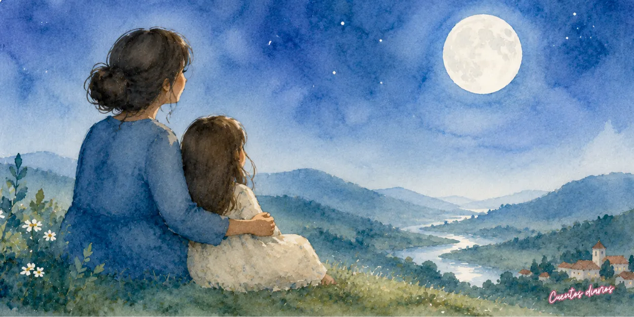 Dibujo en acuarela madre abrazando a su hija bajo la luna llena mientras contemplan un valle, en una escena sobre amor materno, promesas y vínculo eterno.