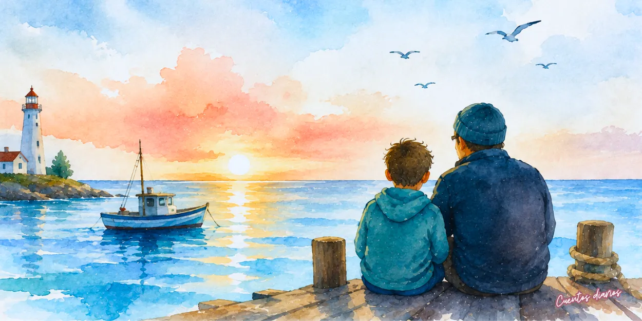Dibujo en acuarelas de un padre pescador y su hijo contemplan el mar al atardecer junto a un faro y una barca, símbolo de aprendizaje y unión familiar.