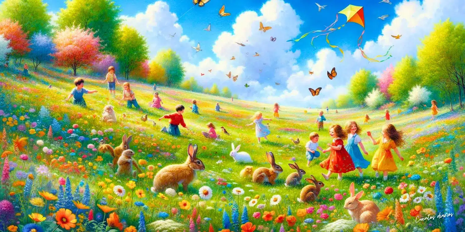 Dibujo colorido del campo en primavera con muchos animales y niños jugando en referencia a los cuentos de primavera cortos.