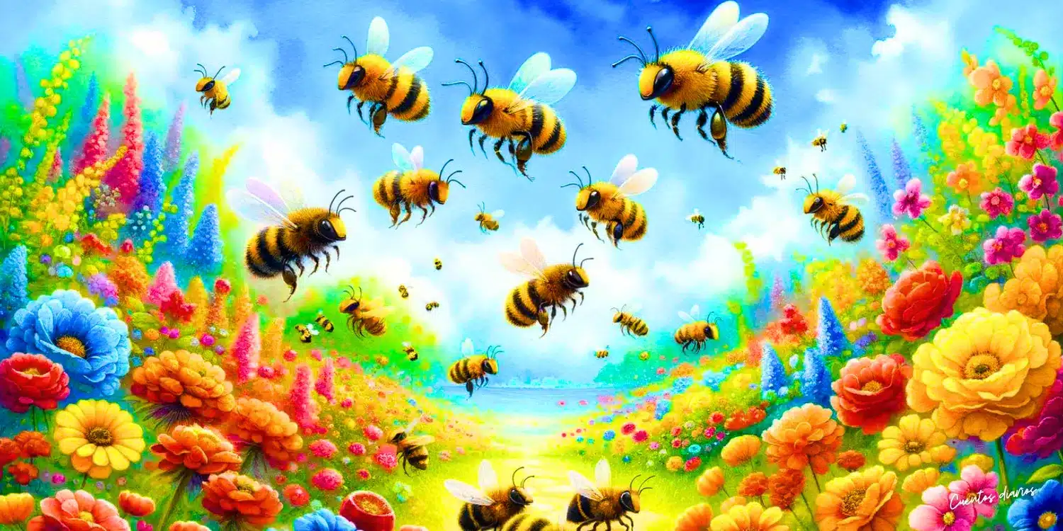 Dibujo de unas abejas volando en el campo en referencia a los cuentos de abejas.