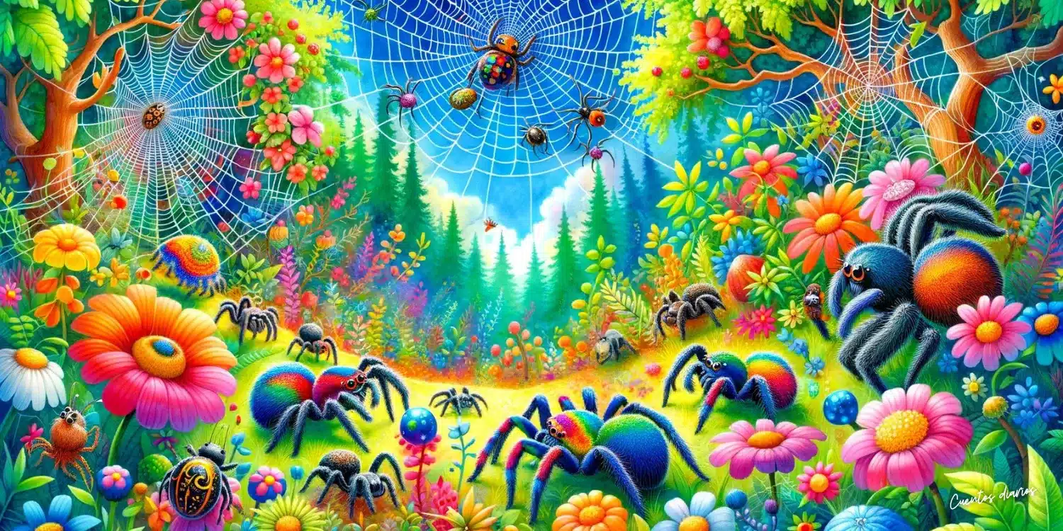 Dibujo de unas arañas en una tela de araña en el campo en referencia a los cuentos de arañas.