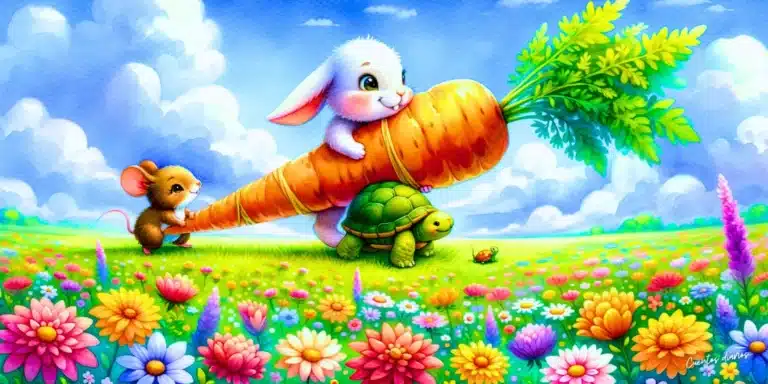 Dibujo al estilo de acuarelas que muestra a un conejito, un ratoncito, y una tortuga trabajando juntos para transportar una gran zanahoria en un campo de flores, en referencia al cuento para aprender a leer "El conejito saltarín y la zanahoria". La escena está llena de colores brillantes y transmite un ambiente de imaginación y alegría, capturando la esencia de un cuento infantil encantador.