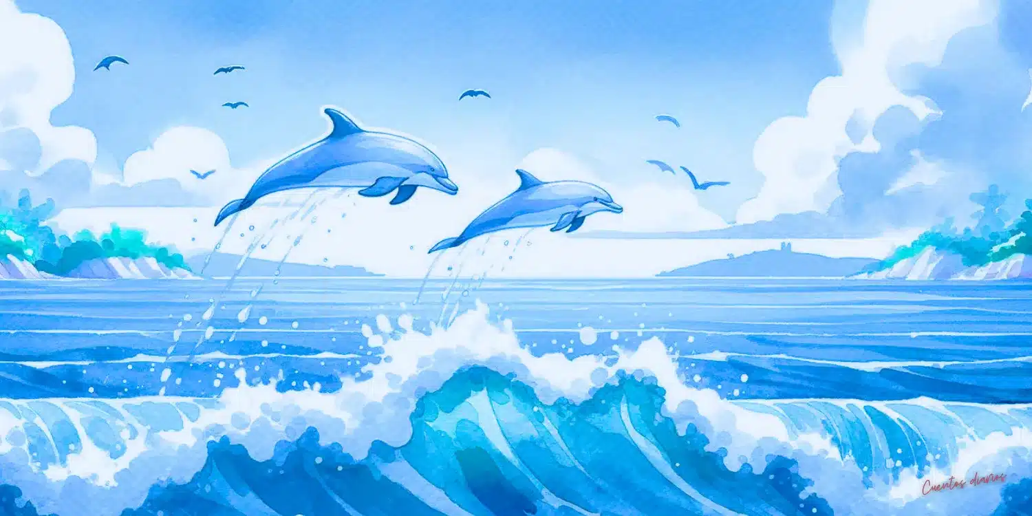 Dibujo de dos delfines saltando en el mar en referencia a los cuentos de delfines.