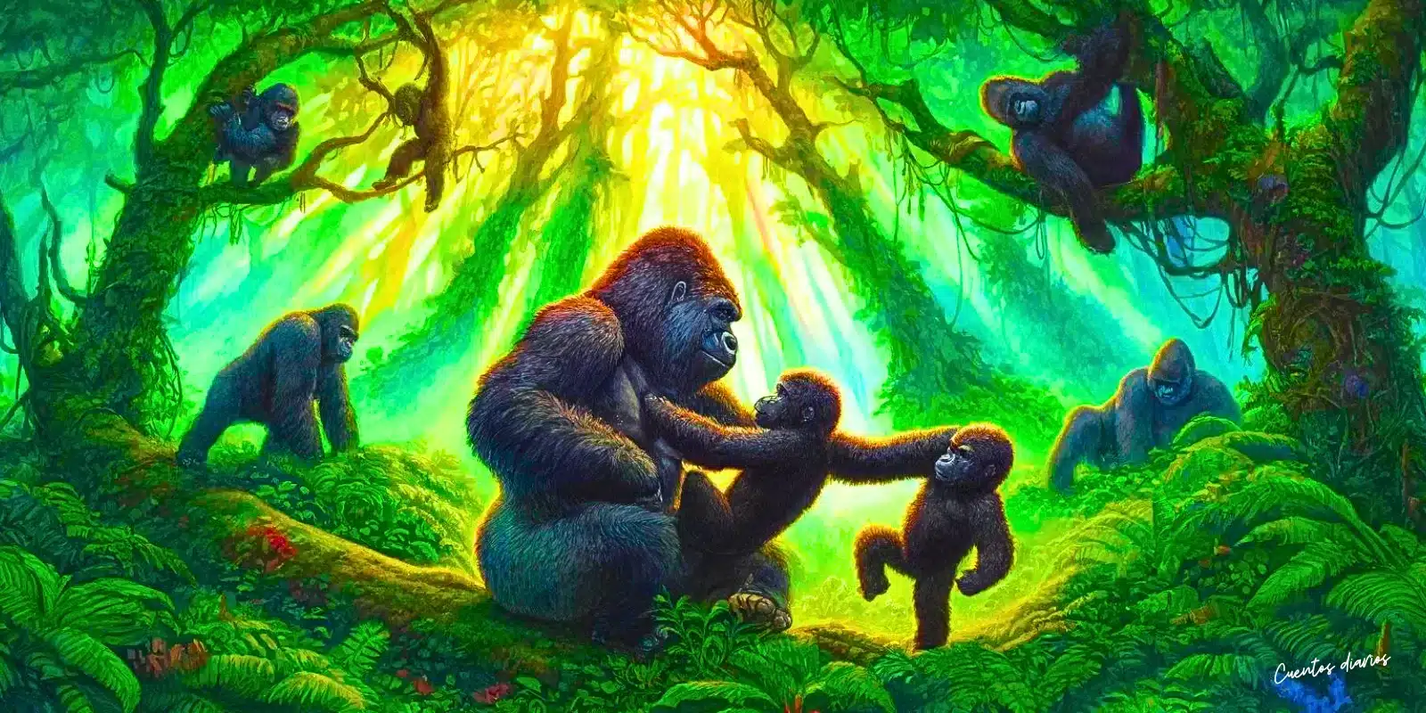 Dibujo de unos gorilas en la selva en referencia a los cuentos de gorilas.