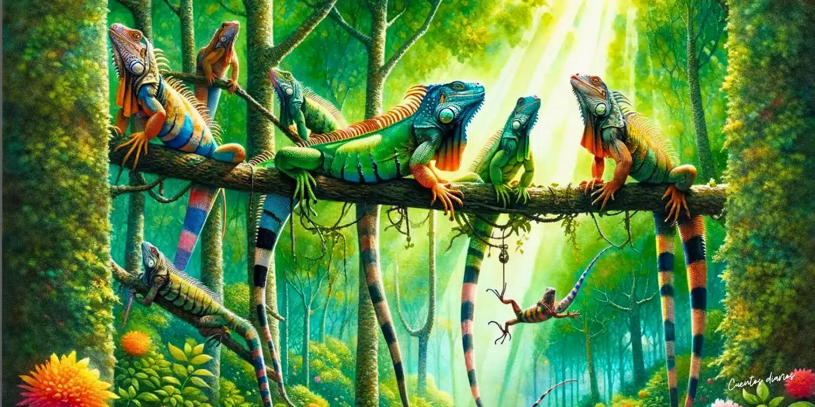 Dibujo de unas iguanas en la selva en referencia a los cuentos de iguanas.