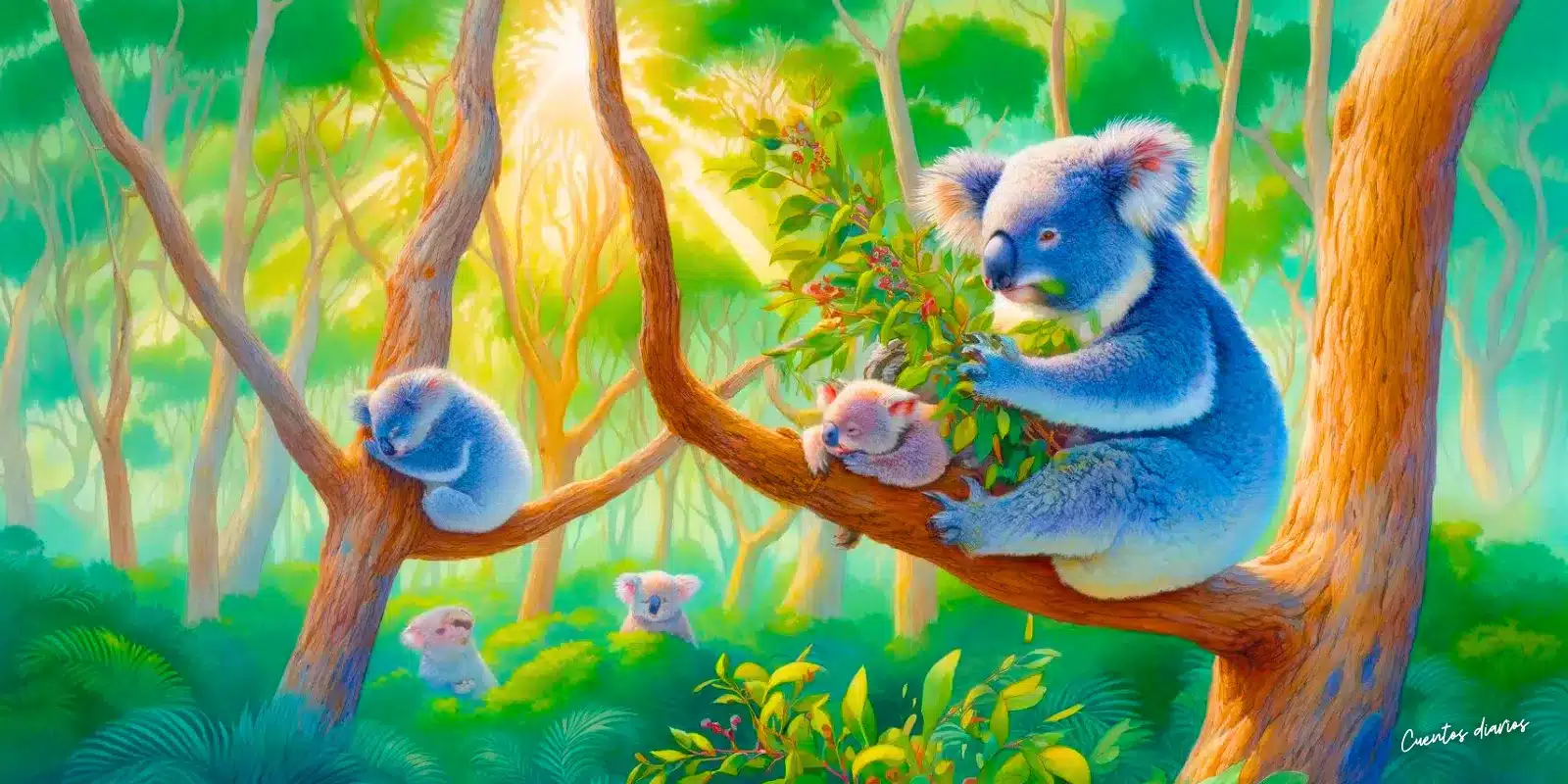 Dibujo de tres koalas en las ramas de un árbol en referencia a los cuentos de koalas.