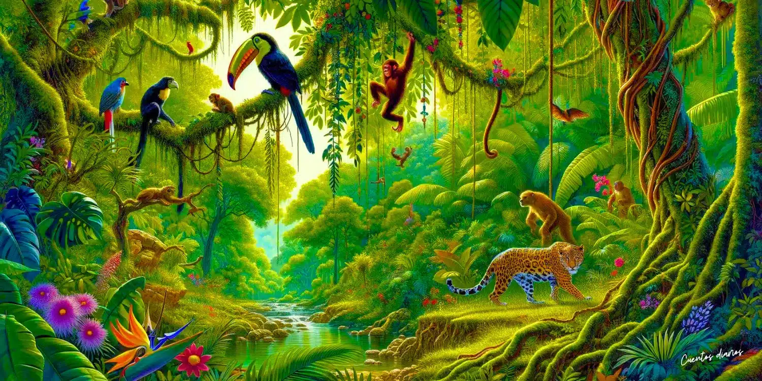 Dibujo al estilo de acuarelas que muestra una escena de jungla vibrante, perfecta para ilustrar cuentos de la selva. La imagen representa una selva densa y exuberante llena de vida silvestre, incluyendo monos que se balancean en lianas, un tucán posado en una rama y un jaguar acechando en la maleza. La vegetación es rica y verde, con flores y lianas que añaden profundidad y color a la escena, y un pequeño río que serpentea por el paisaje, reflejando la luz del sol y añadiendo un sentido de tranquilidad.