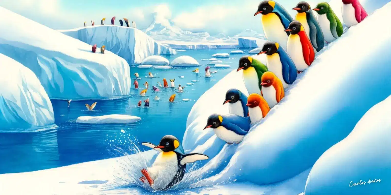 Dibujo de un grupo de pingüinos en el hielo en referencia a los cuentos de pingüinos.