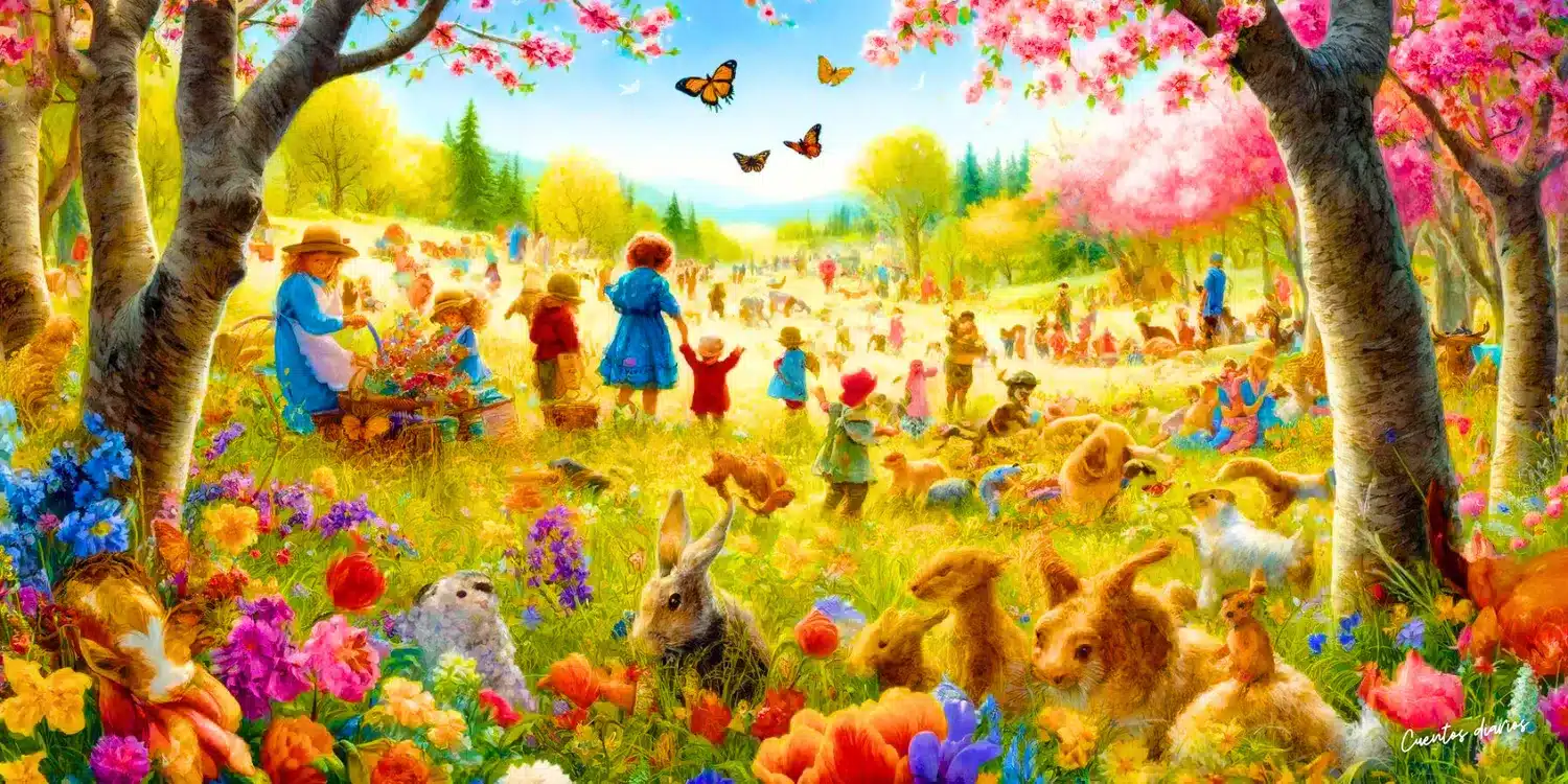 Dibujo primaveral del campo con muchas personas y animales en referencia a los cuentos sobre la primavera para niños y niñas.