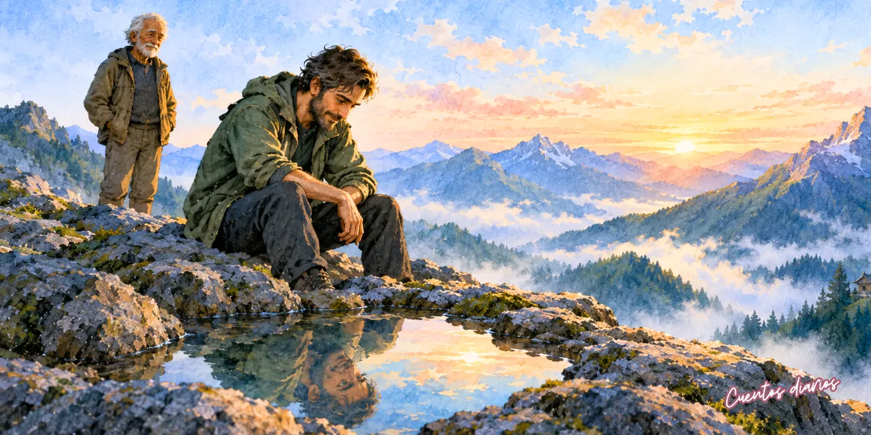 Buscador de verdades meditando junto a un lago de montaña mientras un anciano sabio lo observa al amanecer.