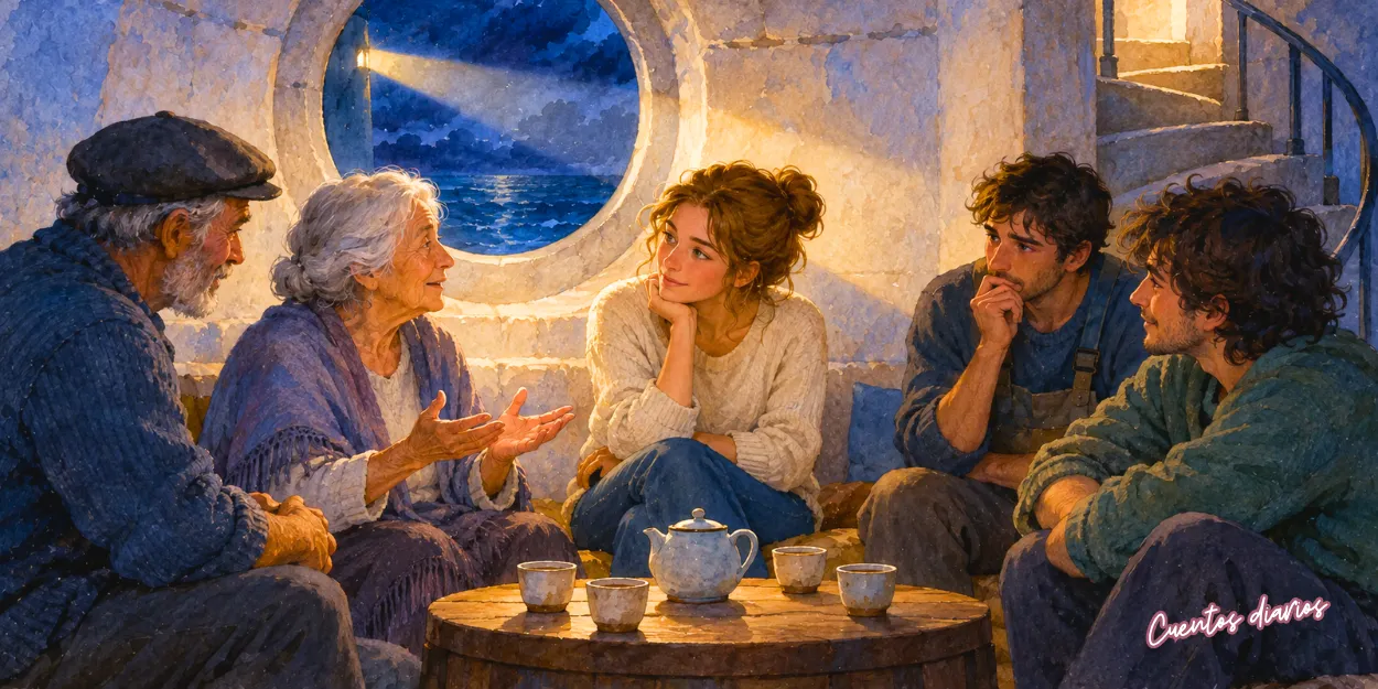 Julia y los vecinos conversan junto al faro durante un encuentro para compartir historias, pérdidas y esperanzas.