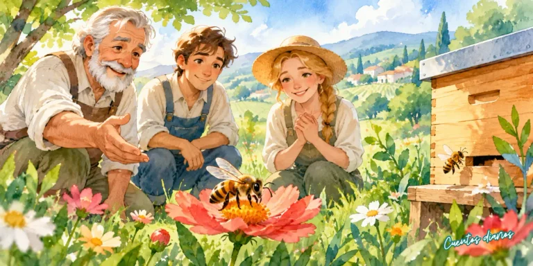 Don Sebastián y dos jóvenes observan una abeja sobre una flor junto a una colmena en el valle de Floresalegre.