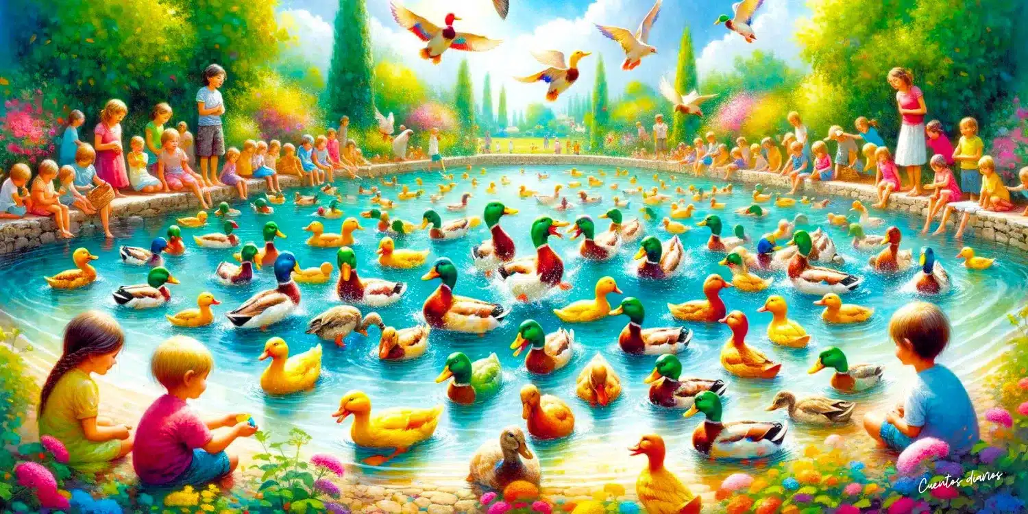 Dibujo de unos patos en un lago en referencia a los cuentos de patos.