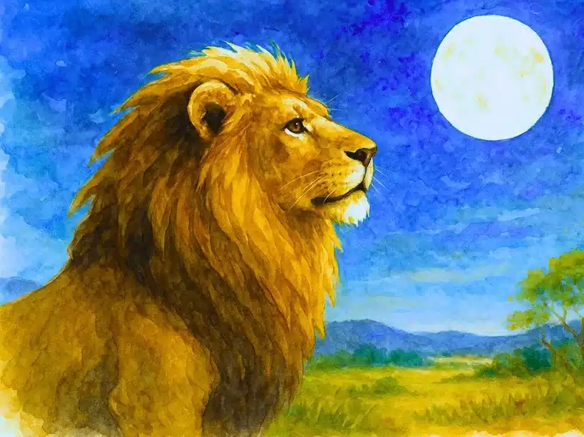 Cuento: "El león y la luna llena que iluminaba el camino hacia la libertad" 2 León con melena dorada mirando hacia la luna llena en un paisaje natural de sabana, pintado en acuarela.