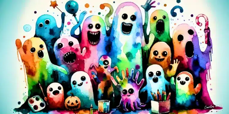 Dibujo de un grupo de fantasmas coloridos y calabazas sonrientes celebrando en una noche mágica de Halloween.