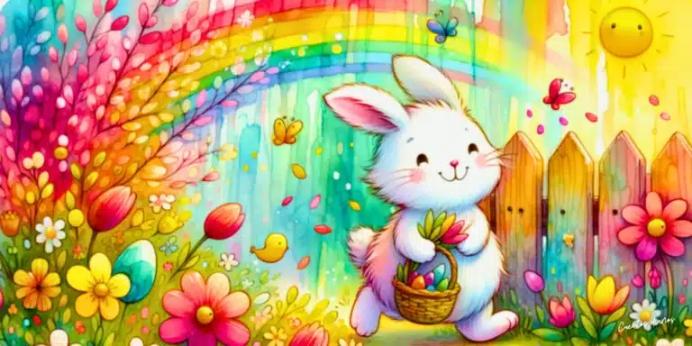 Dibujo al estilo acuarelas de un conejo blanco y un arcoiris para el cuento: La casita de papel y el amor por la primavera.