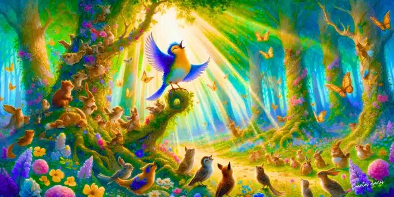 Dibujo al estilo de acuarelas que ilustra la escena encantadora del cuento "El pajarito cantor y el bosque encantado que despertaba en primavera". La escena muestra a Cielito, el pequeño pájaro de plumaje azul y dorado, cantando melodiosamente en el corazón de un bosque mágico de primavera. El bosque está vivo con flores en floración, árboles altísimos y una variedad de animales del bosque animados escuchando la canción de Cielito. Rayos de sol se filtran a través de las hojas, iluminando el área y destacando las alas brillantes de las mariposas. Esta pintura captura la esencia de rejuvenecimiento y la atmósfera mágica del bosque encantado, reflejando temas de esperanza, renovación y el poder de la canción.