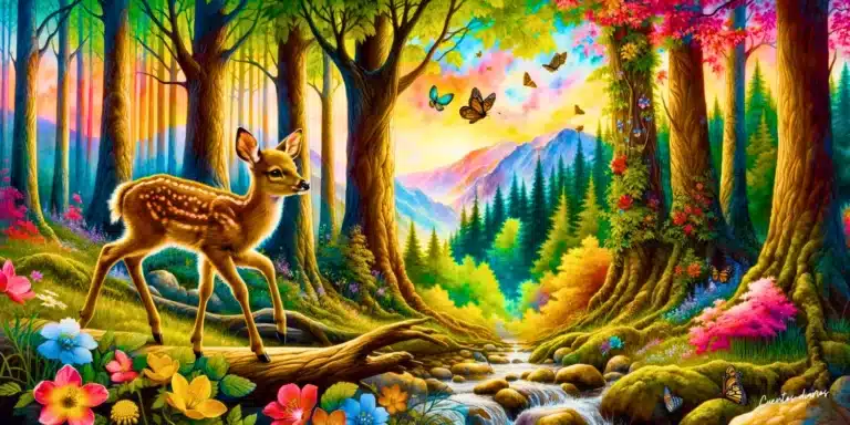 Dibujo al estilo de acuarelas que ilustra la escena del cuento "El viaje del ciervo y el bosque que renacía con la primavera". La escena captura a Cerván, un joven ciervo con pelaje marrón brillante y ojos profundos y curiosos, aventurándose a través de un bosque exuberante y rejuvenecedor. El bosque está lleno de árboles altísimos que rozan el cielo y flores que susurran secretos al viento. Cerván es mostrado cruzando un arroyo, con mariposas revoloteando a su alrededor y las primeras flores de primavera emergiendo a su alrededor. El fondo presenta montañas y un cielo colorido y vibrante, simbolizando el misterio y el encanto del bosque durante la primavera.