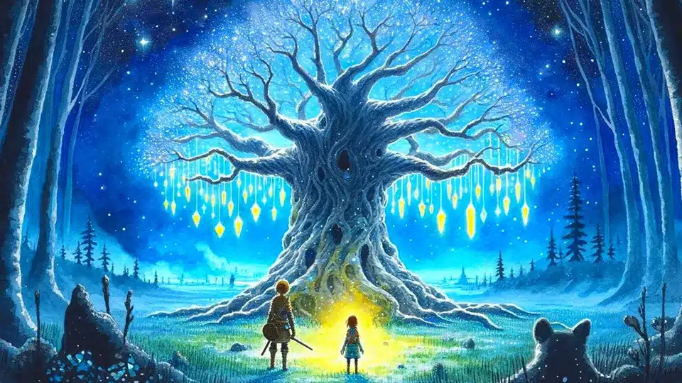 Niño y niña frente a un árbol mágico iluminado por la noche.