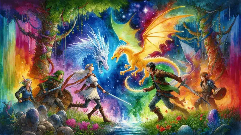 Grupo de aventureros enfrentándose a dragones en un bosque encantado.