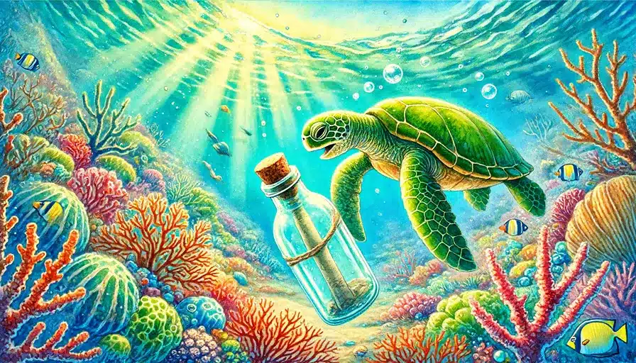 Tortuga marina encontrando una botella con un mensaje en el fondo del océano.