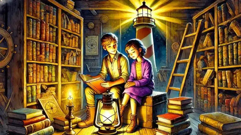 Niños leyendo libros bajo la luz de un faro