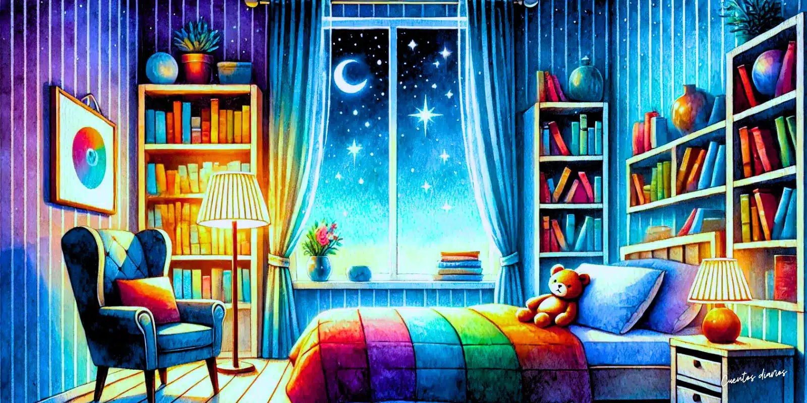 imagen al estilo de acuarelas que muestra una escena de cuento para dormir, adecuada para todas las edades y diseñada con colores más alegres. La imagen ilustra una habitación tranquila con una cama acogedora, rodeada de estanterías llenas de libros coloridos. Un sillón cómodo se encuentra junto a una gran ventana que muestra un cielo nocturno claro con estrellas parpadeantes. La habitación está iluminada por una luz suave y vibrante de una lámpara elegante, creando un ambiente acogedor y atractivo. La paleta de colores incluye azules brillantes, naranjas vivos y púrpuras cálidos, en referencia a los cuentos para dormir