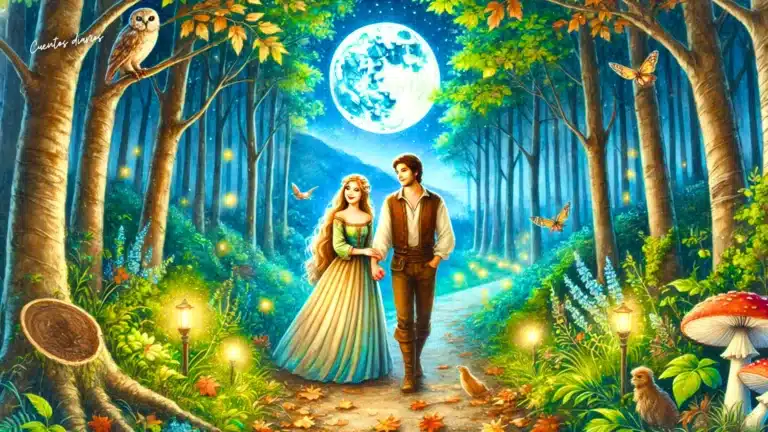 Pareja paseando en un bosque iluminado por la luna llena con luciérnagas.