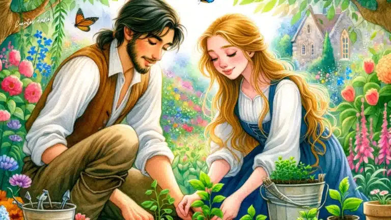 Pareja joven plantando flores en un jardín lleno de colores.