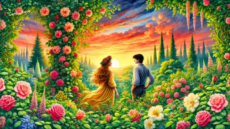 Pareja disfrutando de un atardecer en un jardín rodeado de rosas.