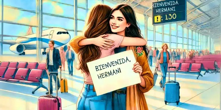 Dibujo con el reencuentro emotivo entre dos amigas se abrazan en el aeropuerto mientras una de ellas sostiene un cartel que dice "Bienvenida, hermani".