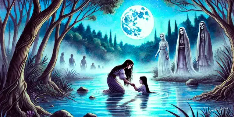 Mujer fantasmagórica inspirada en la Llorona ayudando a una niña en un río bajo la luz de la luna, con figuras espectrales observando desde la orilla.