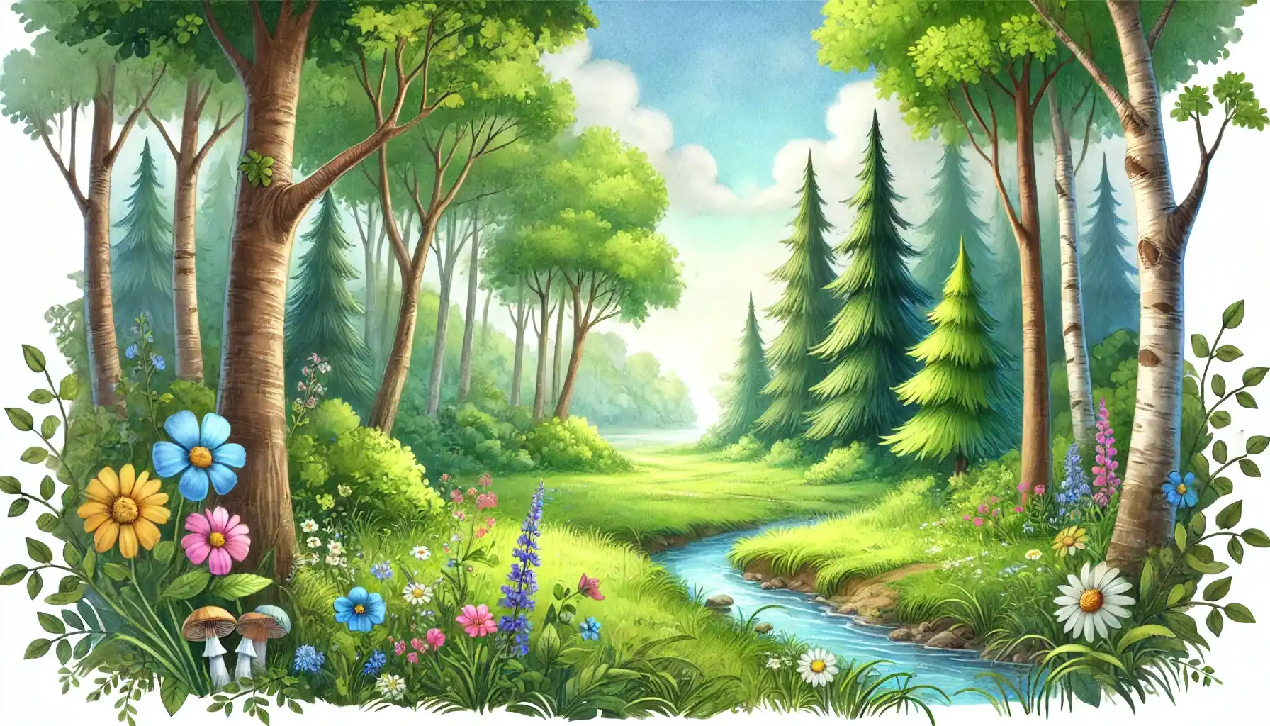 Dibujo de un bosque verde con árboles altos, flores coloridas en primer plano y un pequeño arroyo serpenteante bajo un cielo despejado; para hacer referecnia a los cuentos cortos.