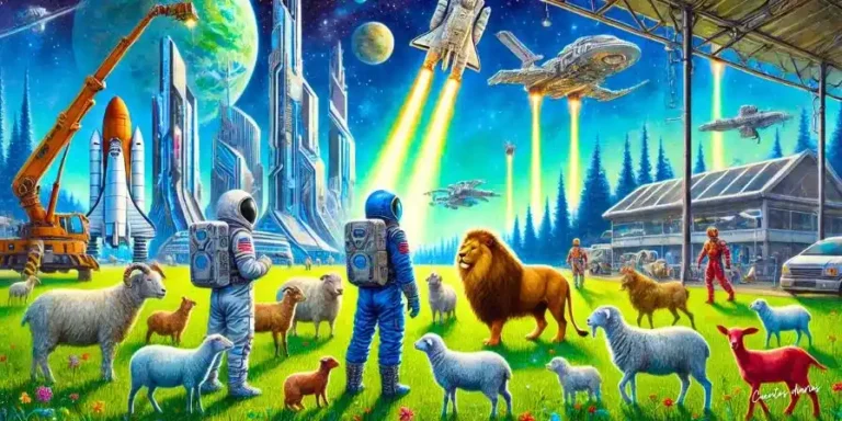 Dibujo de astronautas observando animales en un campo futurista con naves espaciales y cohetes en el fondo.