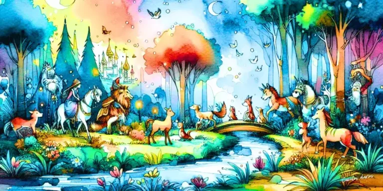 Dibujo colorido de animales en un bosque, con un río, un puente y un castillo de fondo, representando el cuento "El lobo y el cordero".