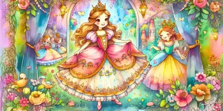 Dibujo de la princesa Estela y otra princesa en un jardín encantado acompañando el cuento "La princesa y el guisante".