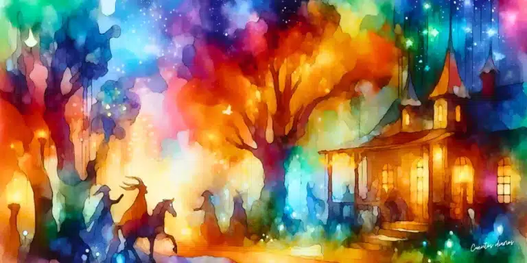 Ilustración mágica de un bosque iluminado con luces coloridas y una casa de aspecto antiguo, representando la historia de "La reina de las nieves".