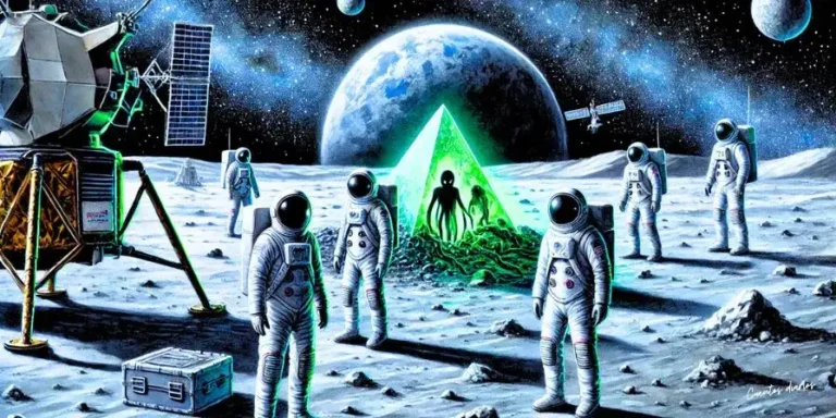 Dibujo de astronautas en la Luna descubriendo una estructura de cristal verde con vida extraterrestre y una advertencia grabada.