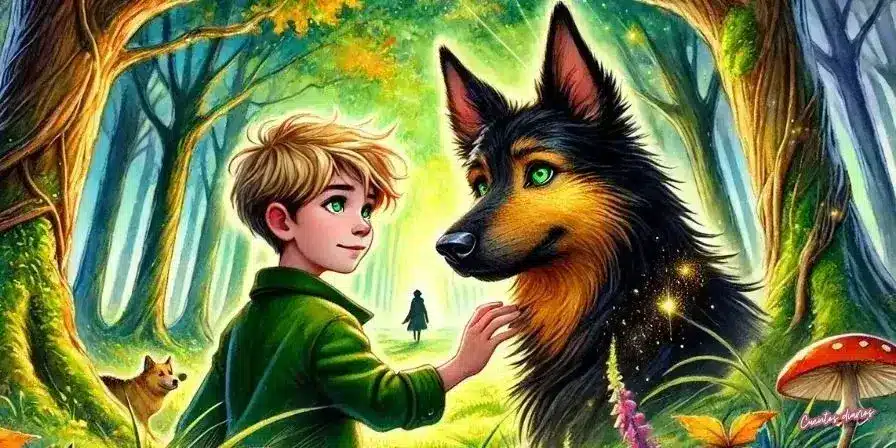 Dibujo en acuarelas de un niño rubio acariciando a su perro pastor alemán mágico en un bosque encantado.