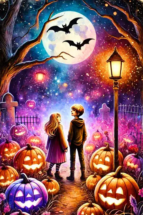 Dibujo de dos niños en un cementerio iluminado por calabazas y una luna llena con murciélagos volando en la noche de Halloween.