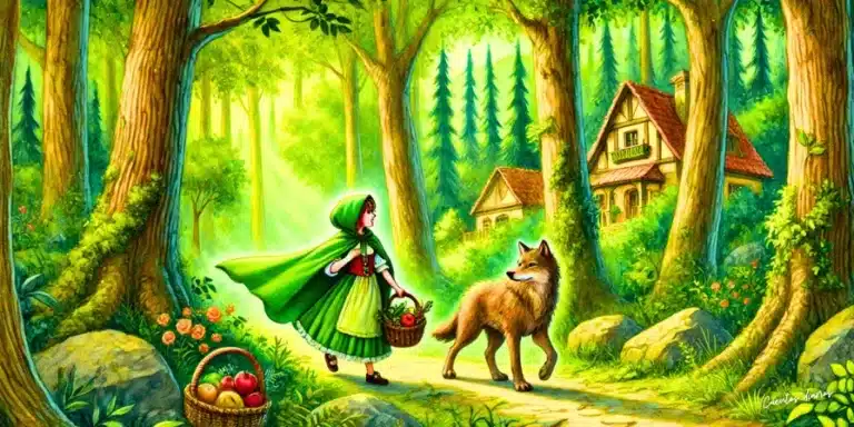 Dibujo de de Caperucita Verde caminando por un bosque junto a un lobo amigable, ambos cuidando el medio ambiente.