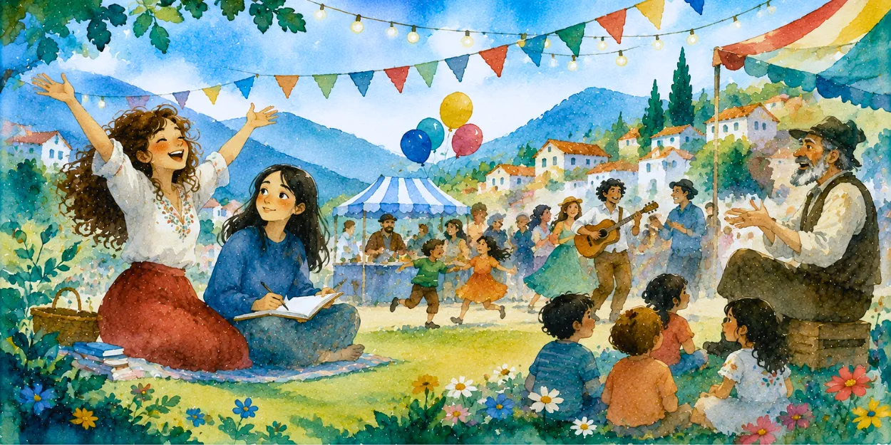 Valeria y Sofía celebran el Festival de la Felicidad en Vallegrande junto a niños, músicos y vecinos que comparten historias, risas y momentos de alegría.