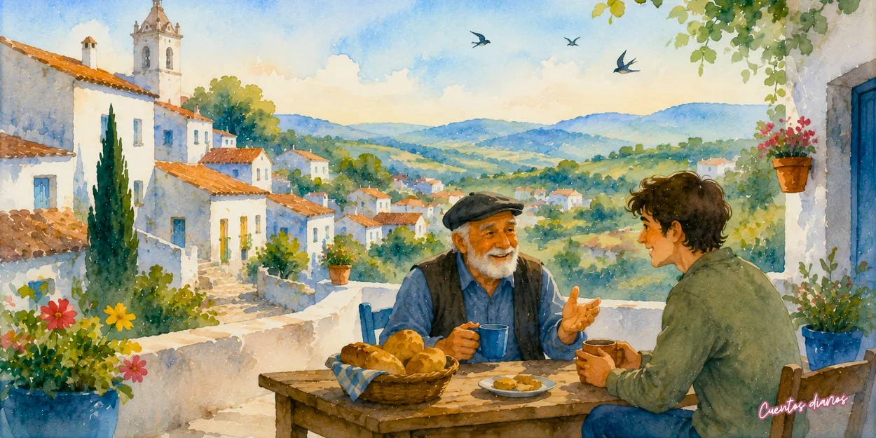 Don Mateo conversa con Luis mientras comparten pan y café en un pueblo andaluz, ilustración del cuento El hombre feliz sobre la felicidad y los pequeños momentos.