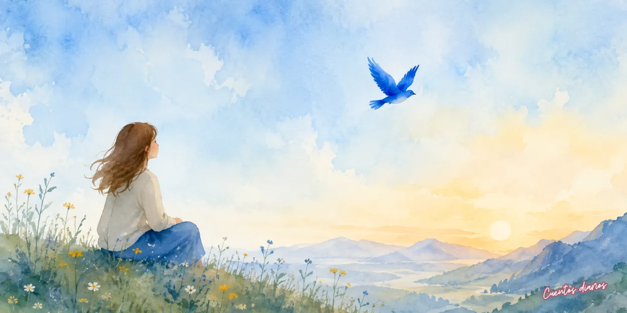 Lucía contempla un pájaro azul al amanecer desde una colina, simbolizando la búsqueda de la felicidad y la esperanza en este cuento infantil para reflexionar.