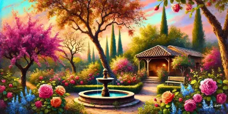 Dibujo de un Jardín al atardecer con árboles frutales, rosales de colores intensos y una fuente de piedra rodeada de flores, inspirado en el cuento 'El sabio del jardín'. Una casa de madera y un cobertizo se ven al fondo bajo un cielo con tonos cálidos de naranja y rosa.