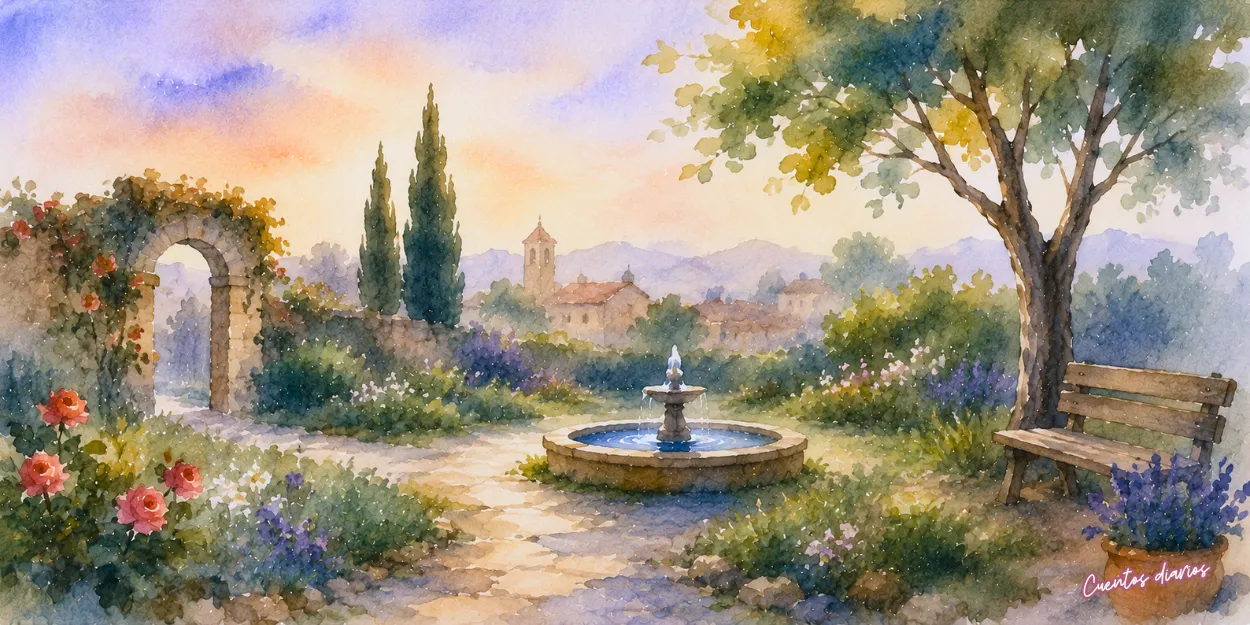 Dibujo en acuarelas de un jardín con una fuente de piedra, senderos floridos y un banco bajo un gran árbol, escenario principal del cuento El sabio del jardín sobre la sabiduría, la paz interior y la reflexión.