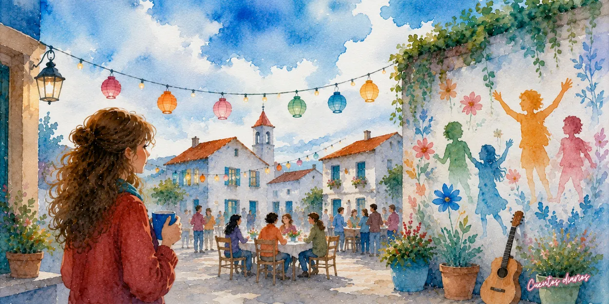 Marta contempla la plaza de Villaluz decorada para una fiesta comunitaria, símbolo de la felicidad compartida, la amistad y la unión entre vecinos.