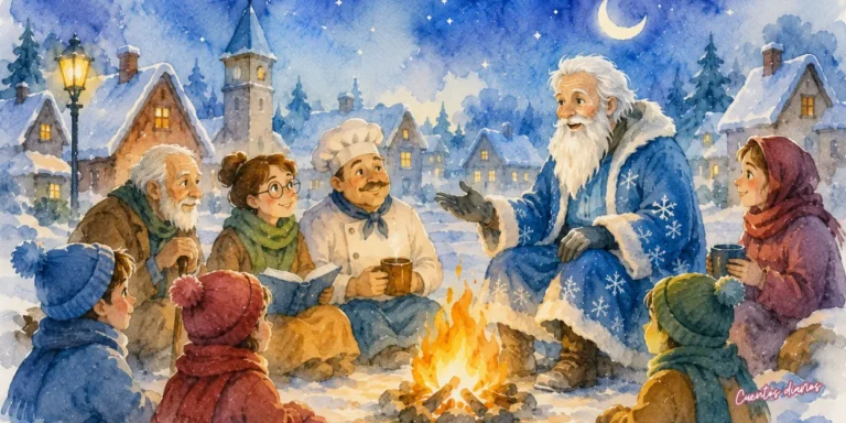 Jack Frost cuenta una historia junto a una hoguera en un pueblo nevado mientras niños y vecinos escuchan un mágico cuento de invierno.